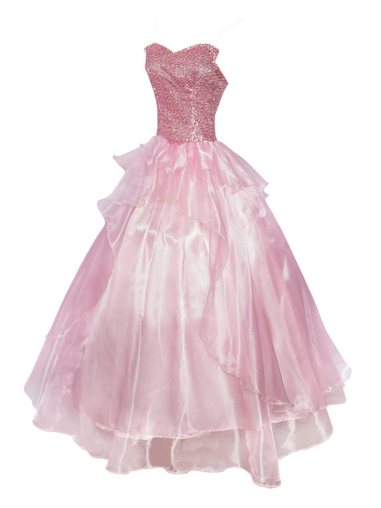 Robe princesse rose à paillettes et tulle superposé des années 1970