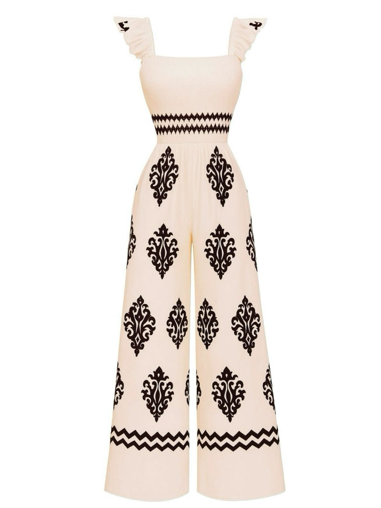 Combinaison col carré imprimé tribal bohème des années 1970