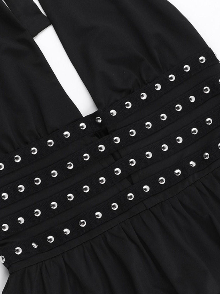 Haut dos nu noir à strass style punk des années 1980