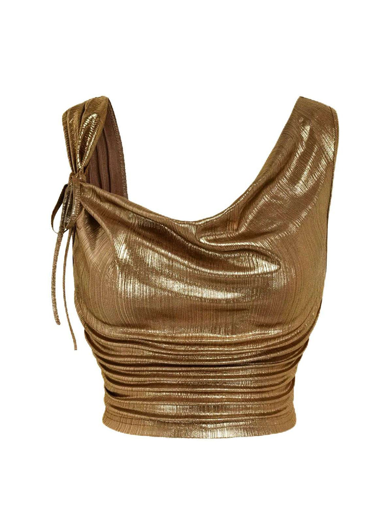 Haut froncé sans manches col irrégulier avec nœud doré des années 1960