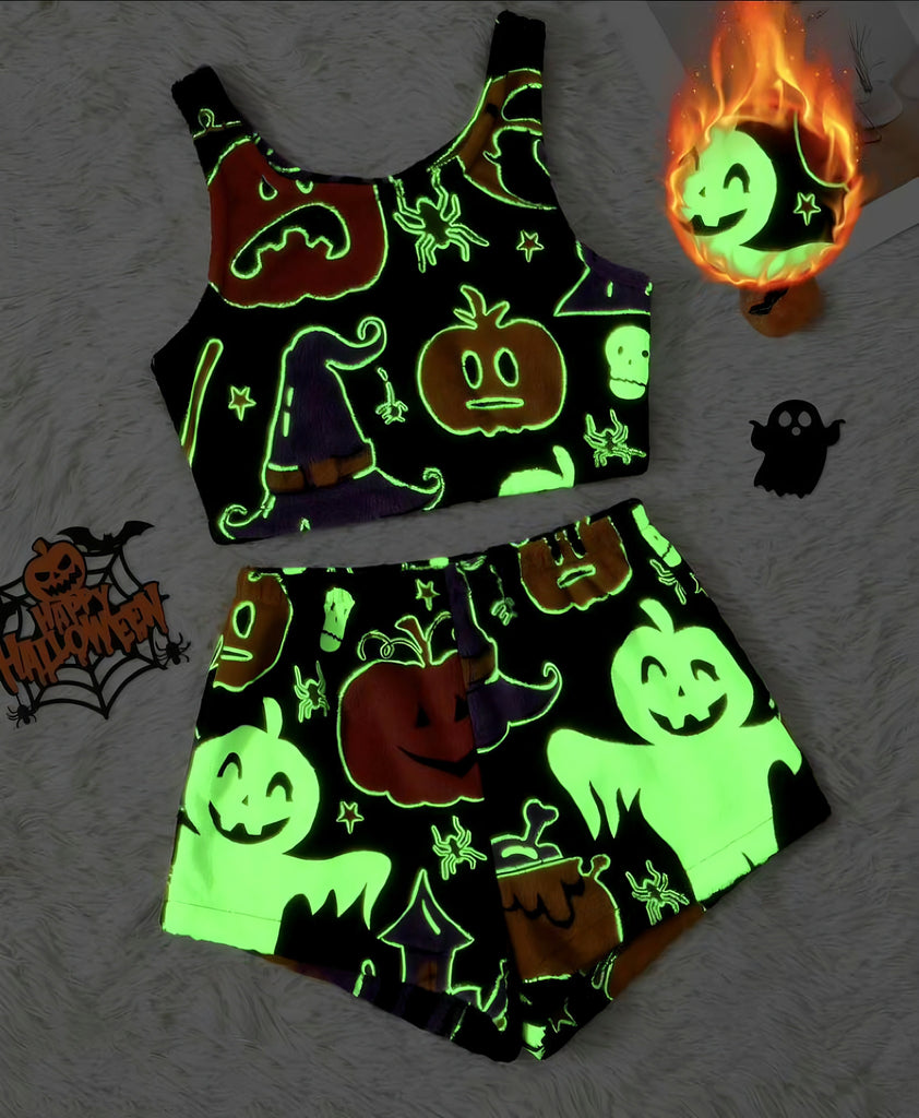 2PCS Pyjama en flanelle noire à motif fantôme d'Halloween des années 1970