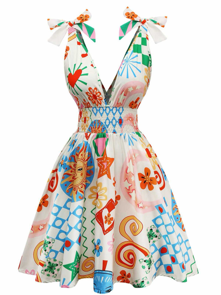 Robe bohème sans manches col en V et smocks des années 1970