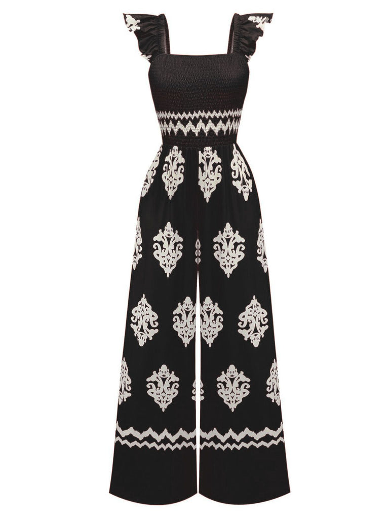 Combinaison col carré imprimé tribal bohème des années 1970