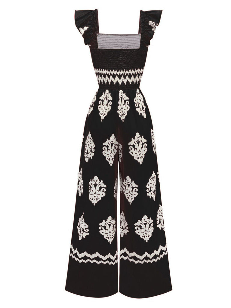 Combinaison col carré imprimé tribal bohème des années 1970