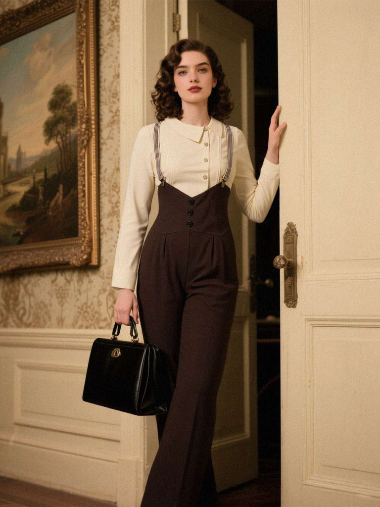 Pantalon à bretelles marron foncé à bretelles boutonné années 1950