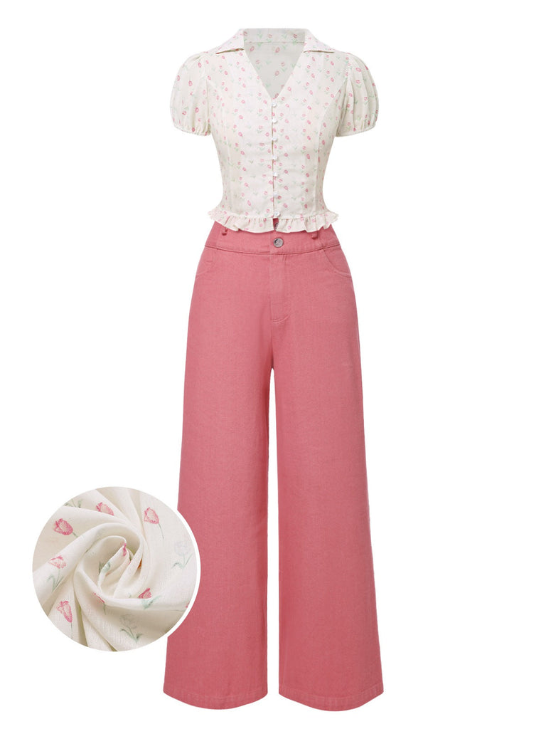 2PCS chemisie tulipe rose et pantalon à boutons années 50
