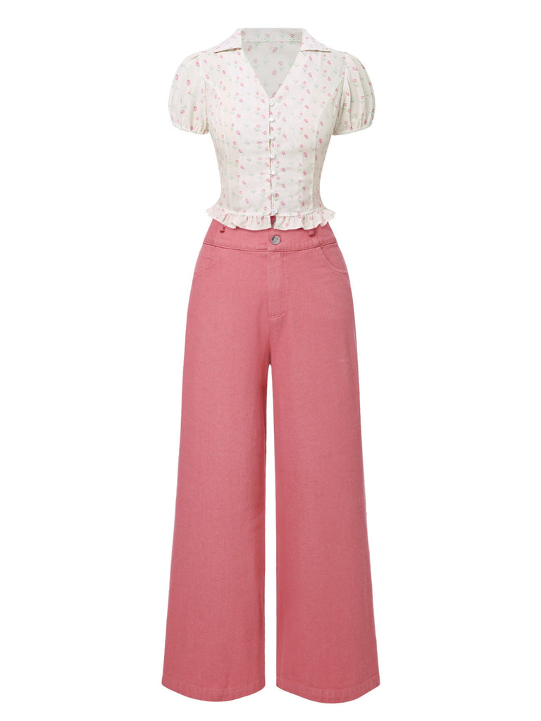2PCS chemisie tulipe rose et pantalon à boutons années 50