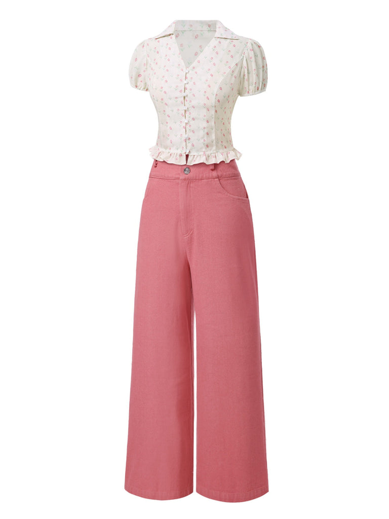 2PCS chemisie tulipe rose et pantalon à boutons années 50