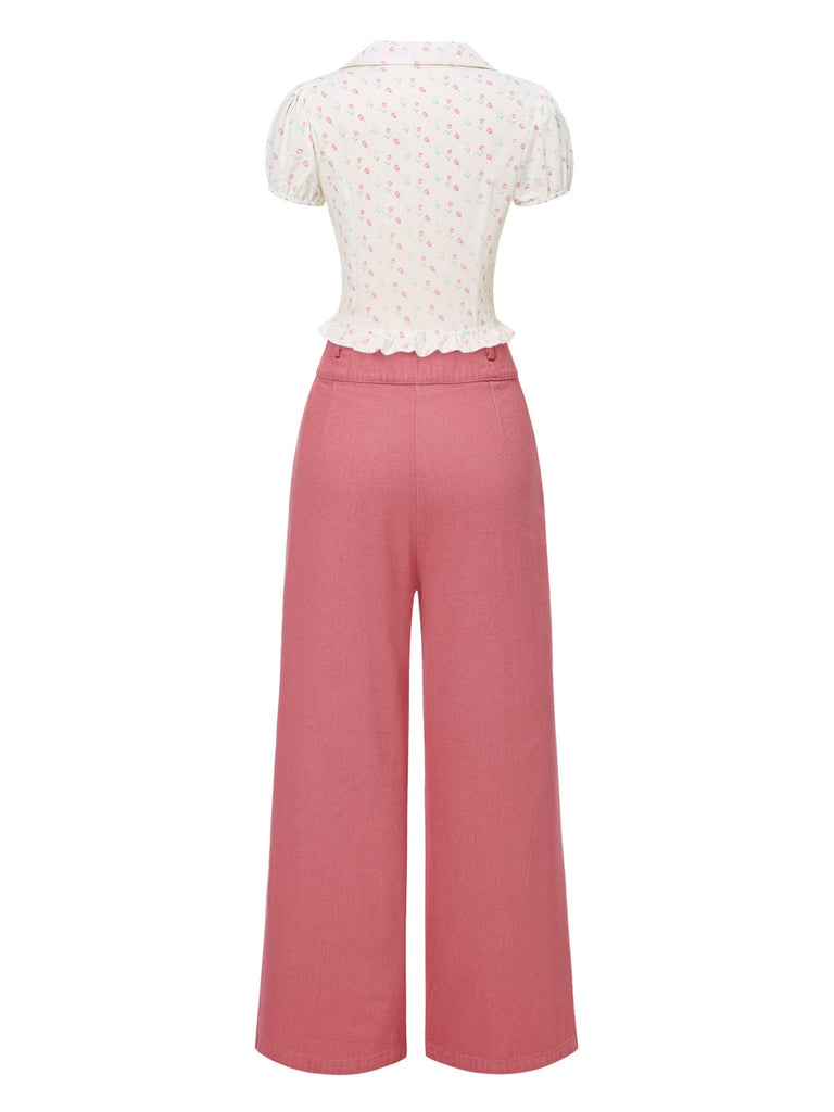 2PCS chemisie tulipe rose et pantalon à boutons années 50