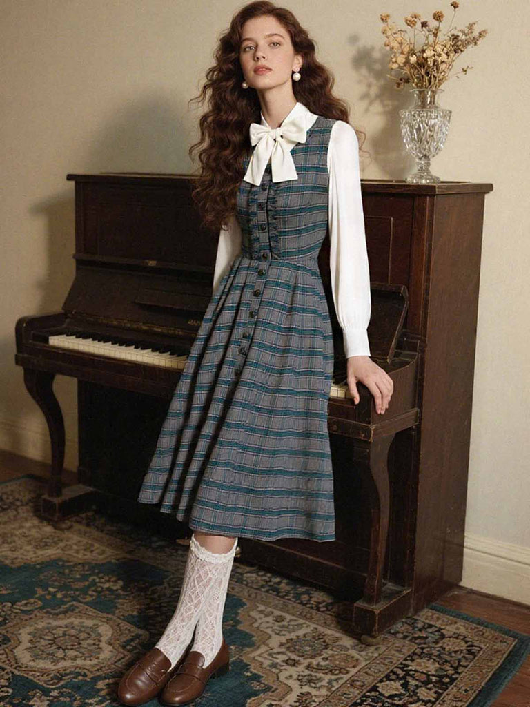 2PCS Robe gris à volants et chemisier en coton années 1950