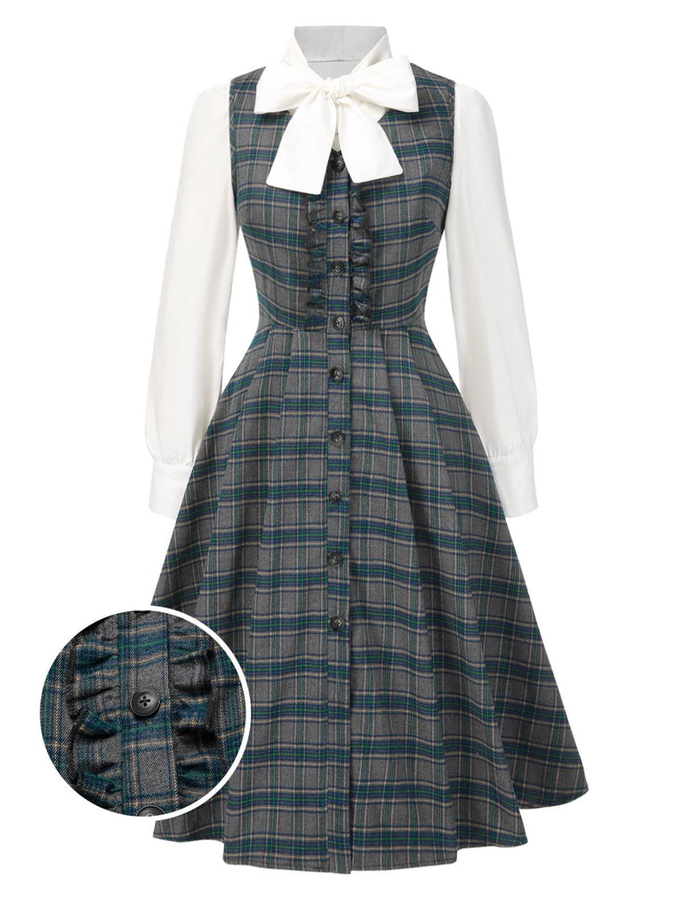 2PCS Robe gris à volants et chemisier en coton années 1950