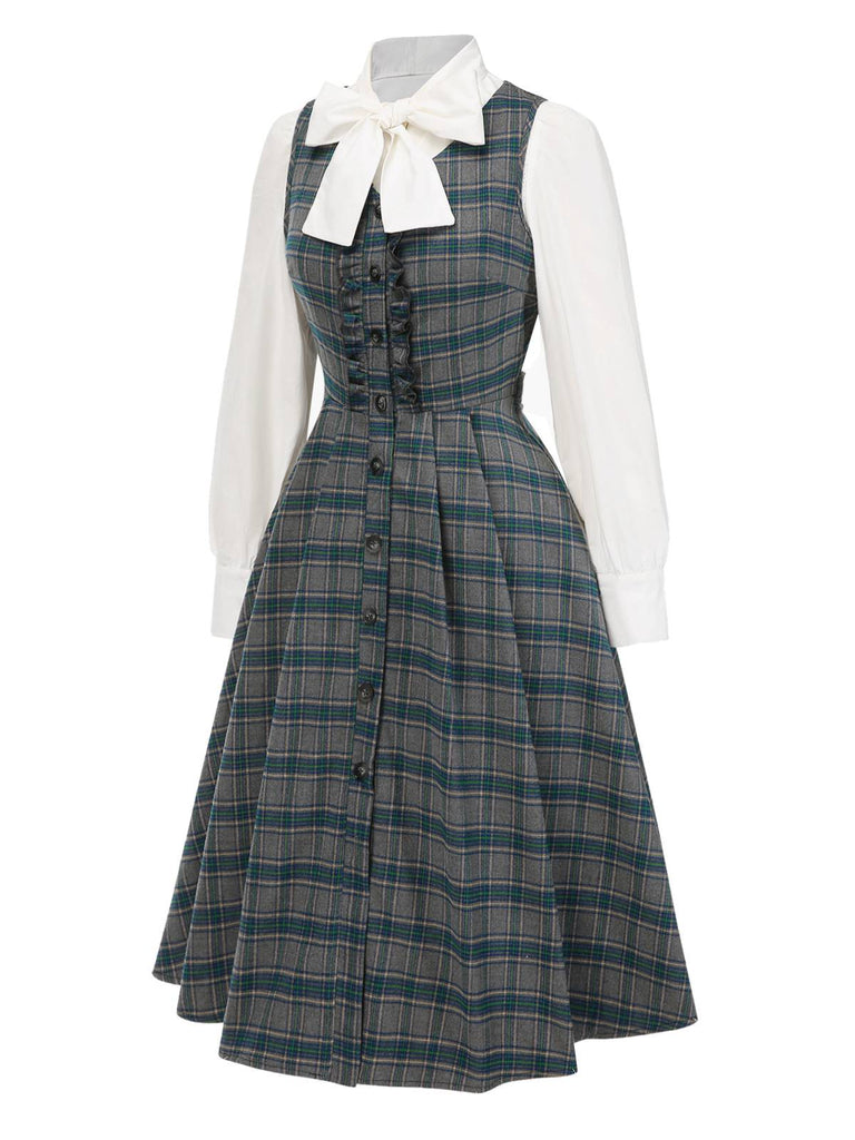 2PCS Robe gris à volants et chemisier en coton années 1950