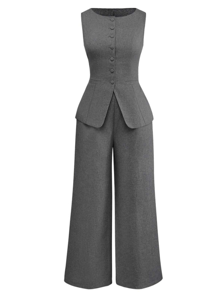 2PCS Gilet et pantalon large style bureau uni des années 1940
