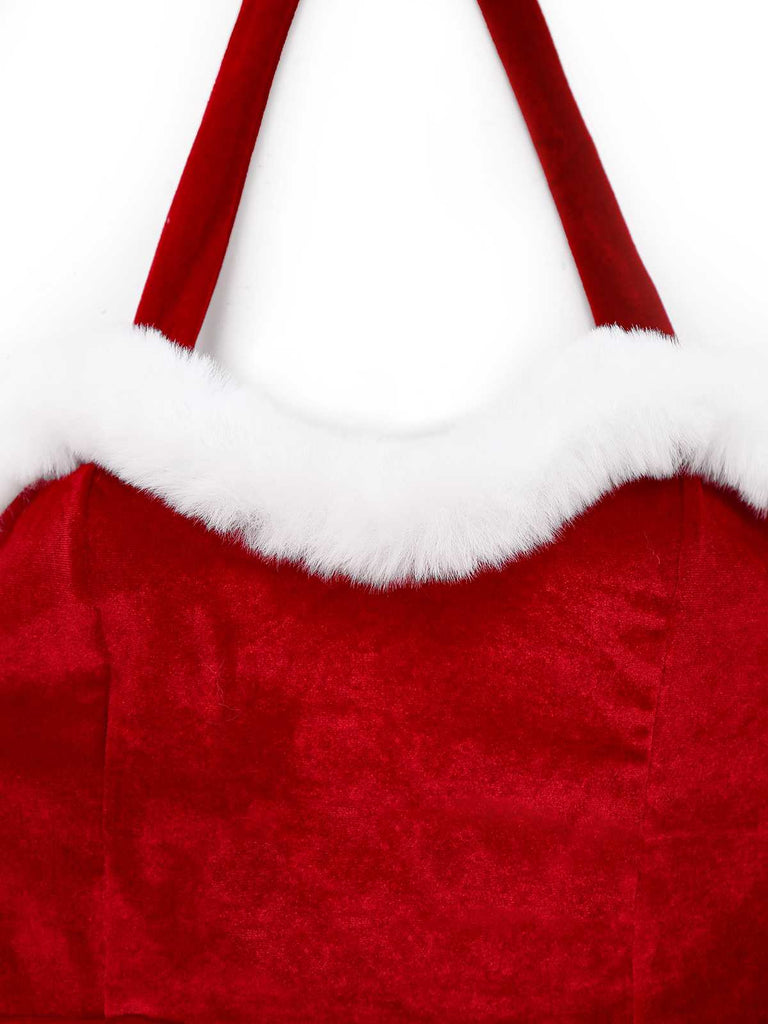 Ensemble barboteuse dos nu en velours et fausse fourrure de Noël des années 1970