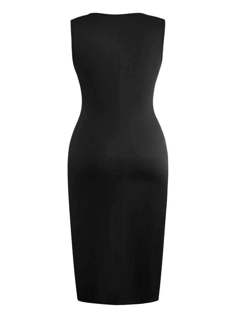 Robe crayon noire sans manches nœuds papillon latéral et fente des années 1950