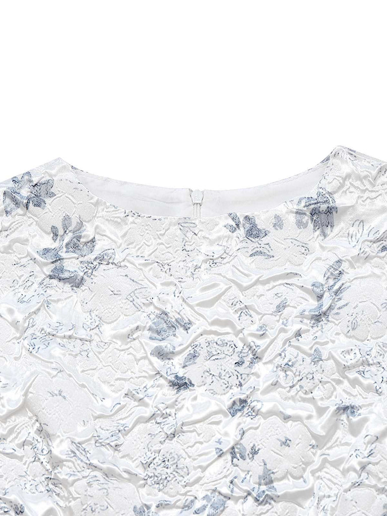 Robe en jacquard froissé à fleurs avec ceinture large lacets des années 1940