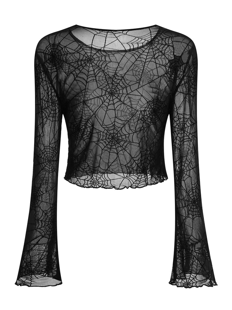 Haut noire en toile d'araignée à manches évangélistes années 1970