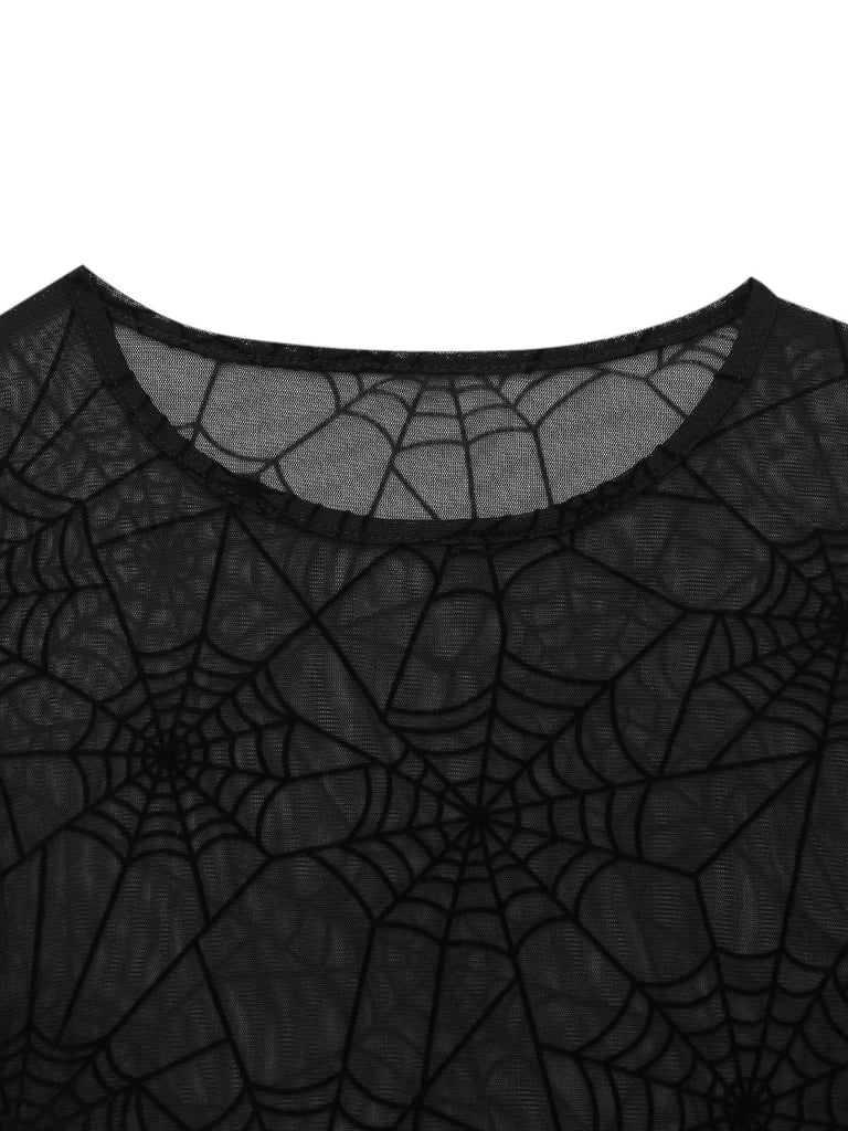 Haut noire en toile d'araignée à manches évangélistes années 1970