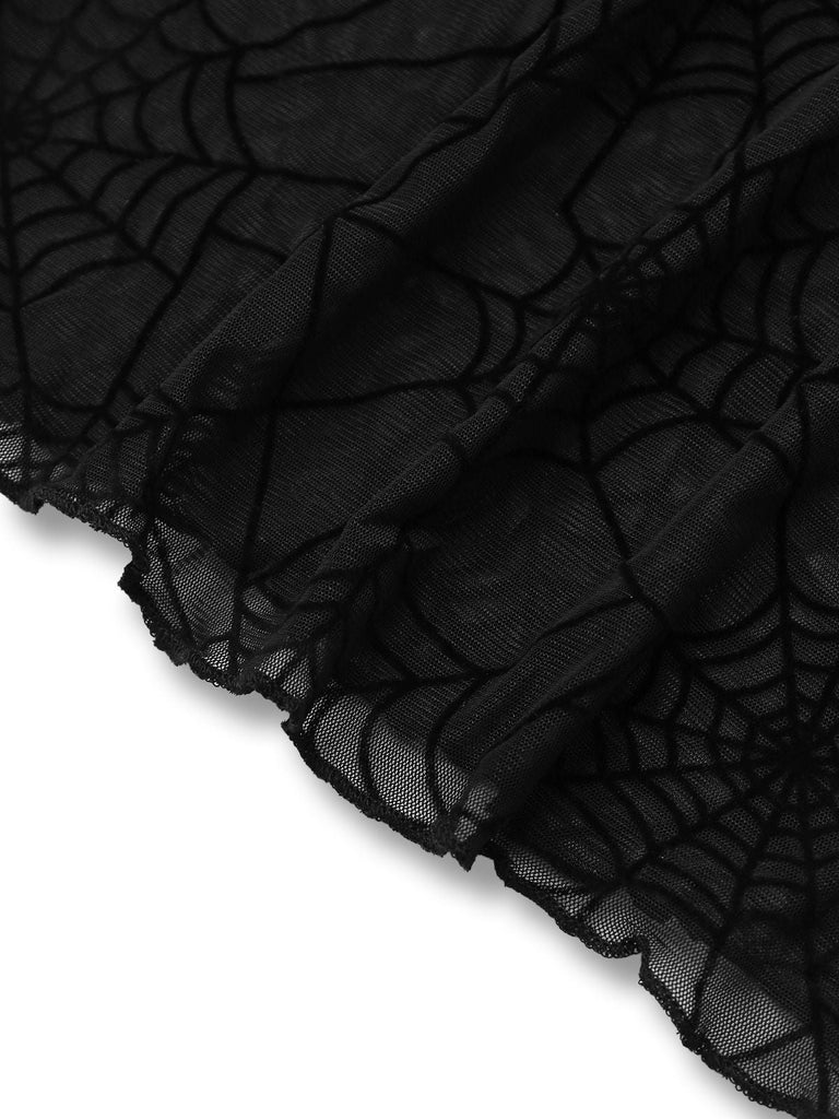 Haut noire en toile d'araignée à manches évangélistes années 1970