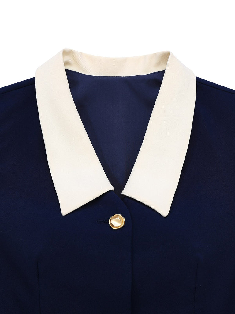 Robe bleue foncé à boutons et poignets bruts années 1960