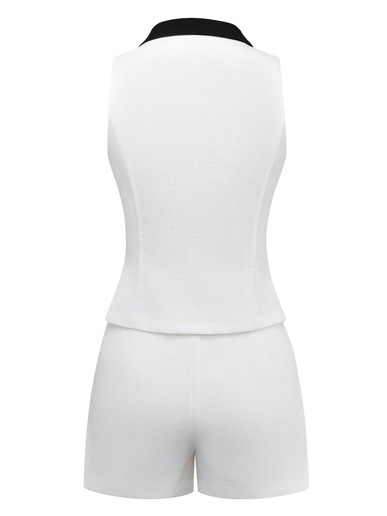 2PCS Costume blanche sans manches à col à revers années 1960