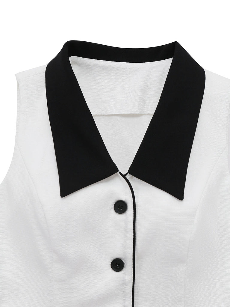 2PCS Costume blanche sans manches à col à revers années 1960