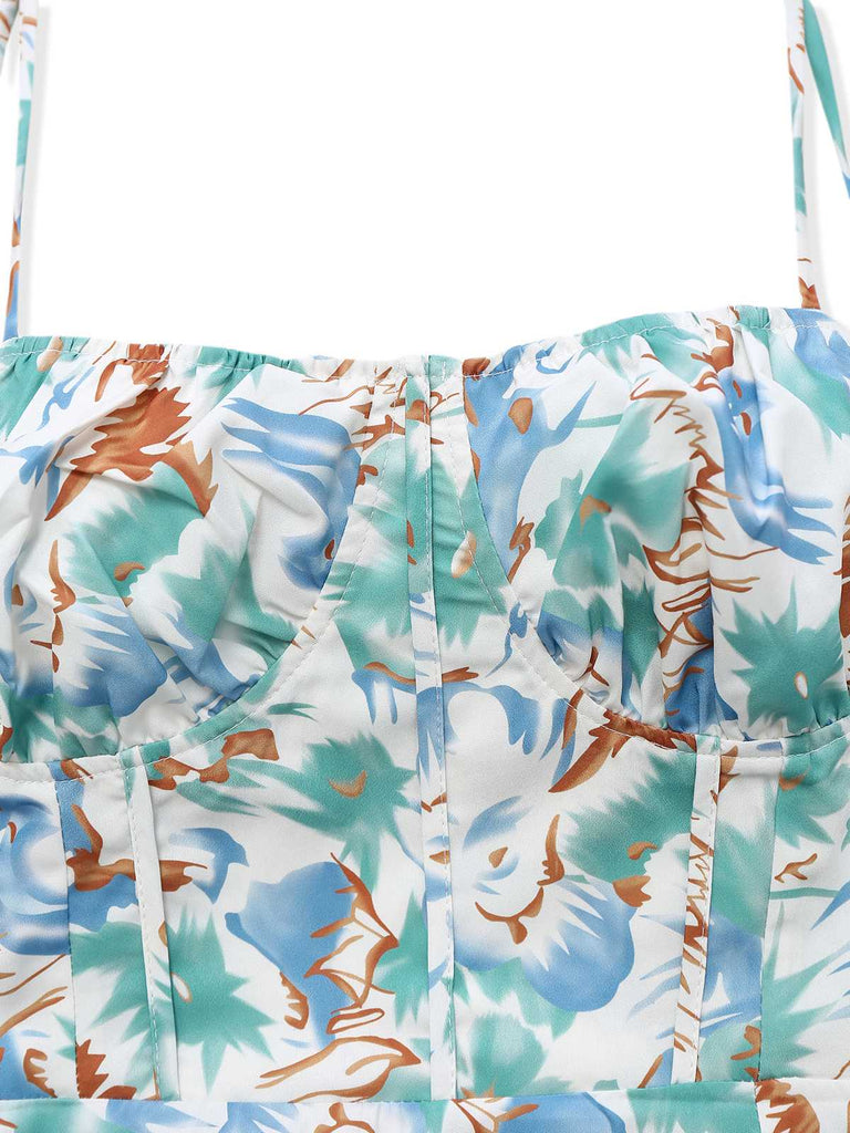 Robe à fleurs à bretelles fente latérale années 1950