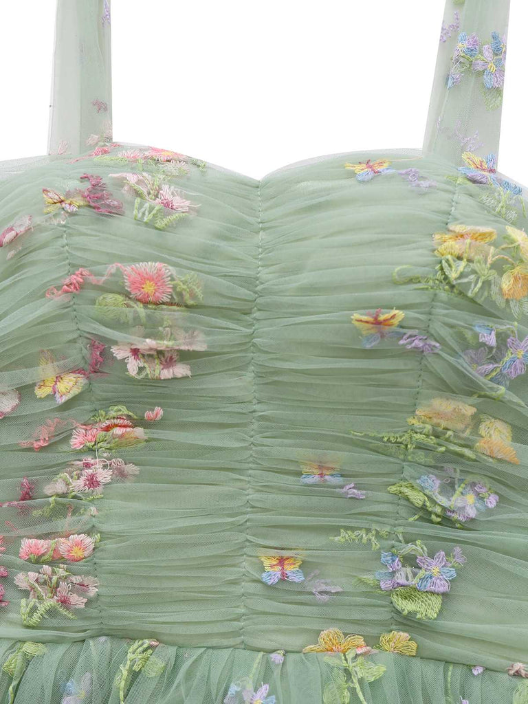 Robe verte en maille fleurie brodée à épaules dénudées des années 1930