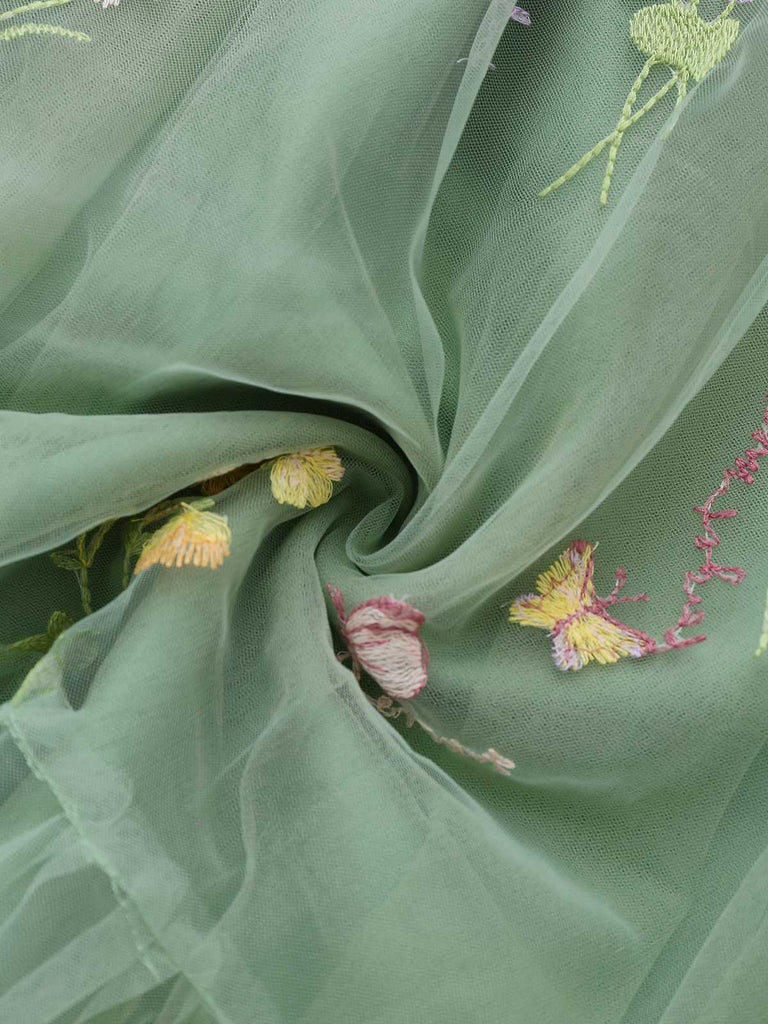 Robe verte en maille fleurie brodée à épaules dénudées des années 1930