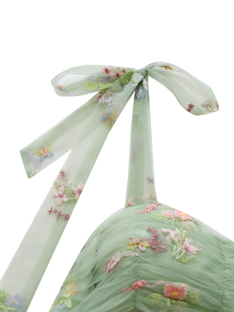 Robe verte en maille fleurie brodée à épaules dénudées des années 1930