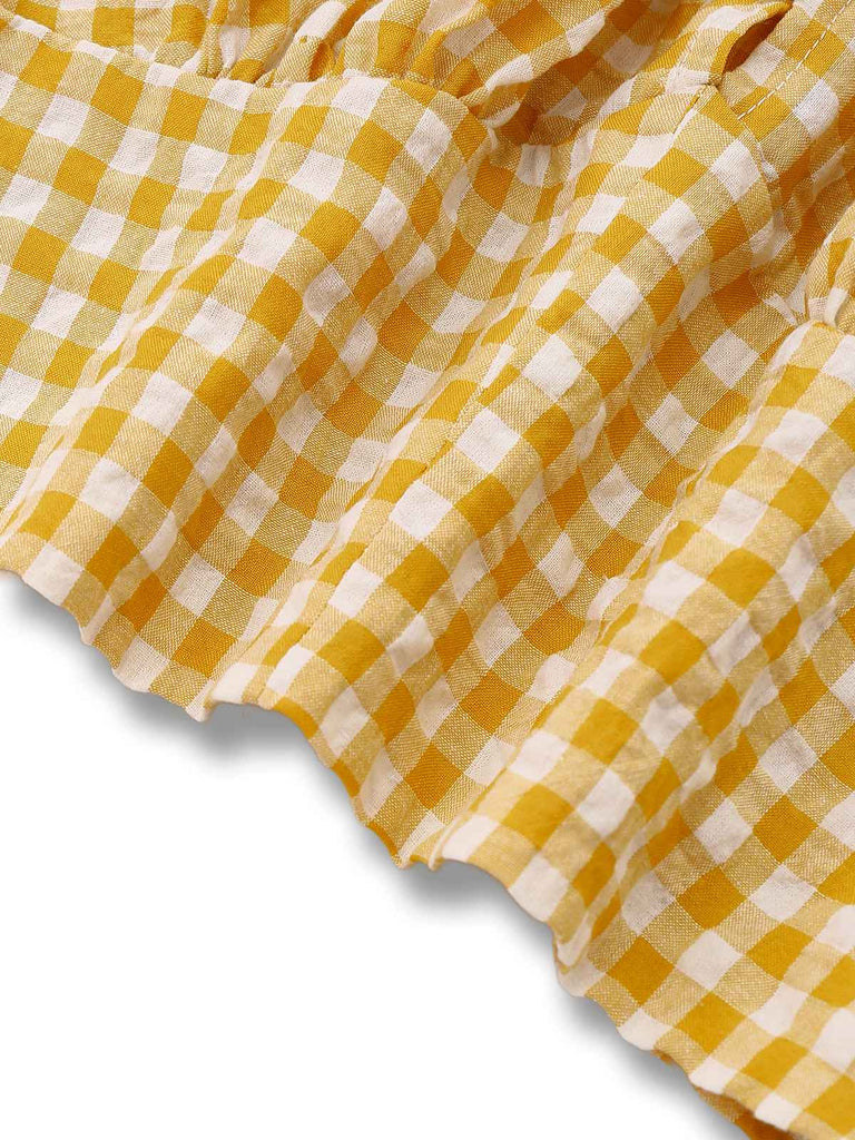 Haut jaune à carreaux vichy revers et boutons nacrés des années 1950