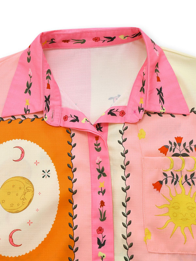 2PCS Chemise et short ceinturé fleuri bohème multicolore des années 1970