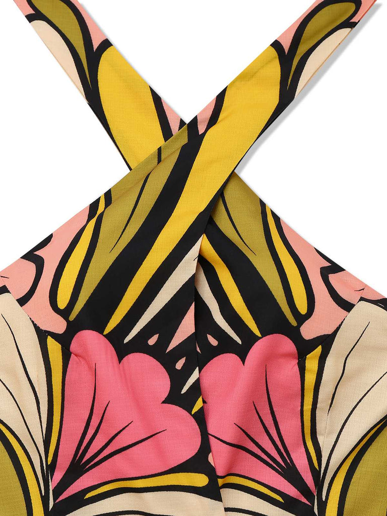 Robe dos nu à fleurs style bohème avec ceinture des années 1970