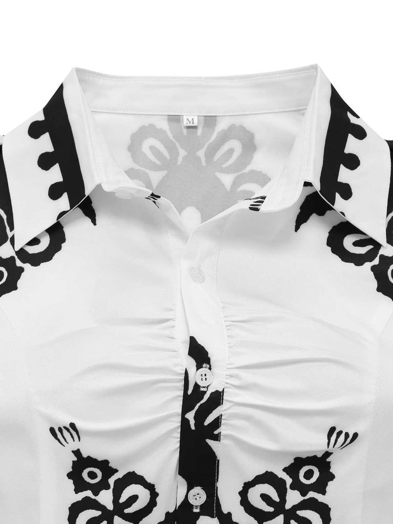 Robe blanche imprimés tribaux col chemise et ceinture des années 1950