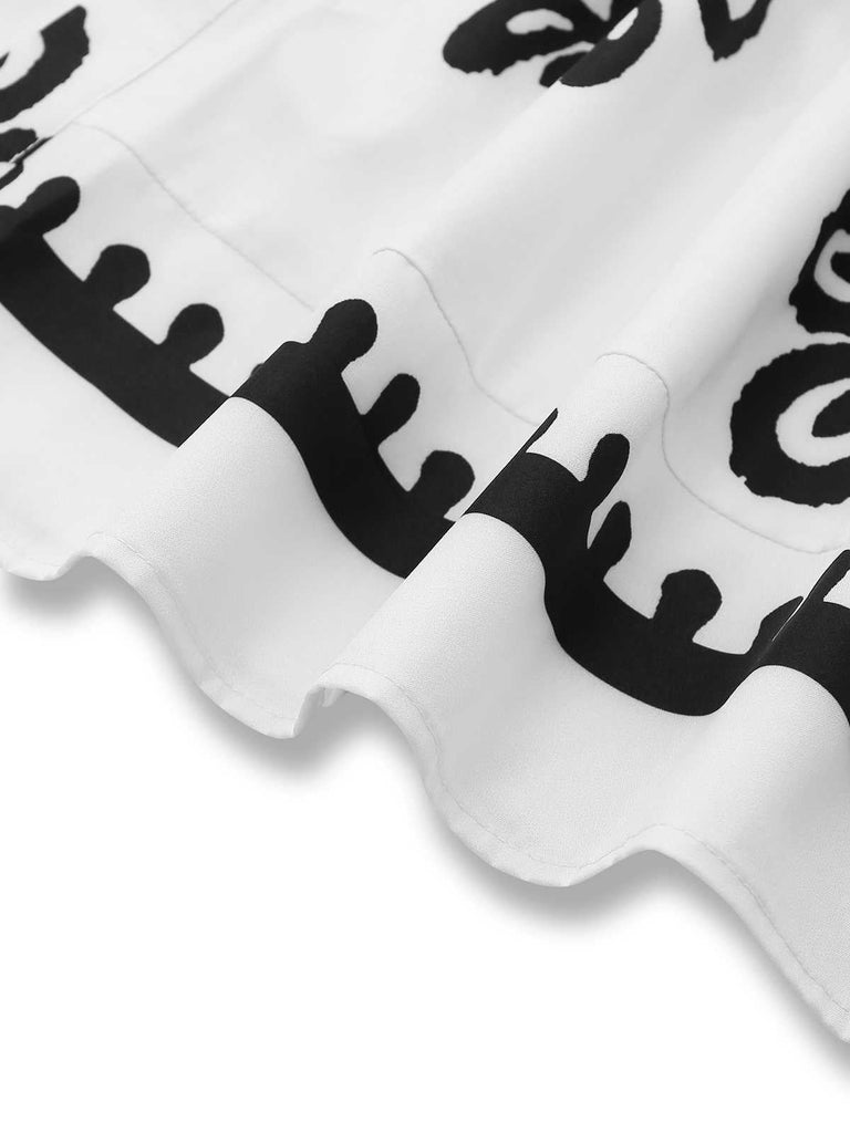 Robe blanche imprimés tribaux col chemise et ceinture des années 1950