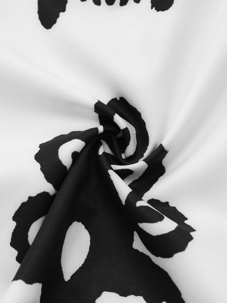 Robe blanche imprimés tribaux col chemise et ceinture des années 1950