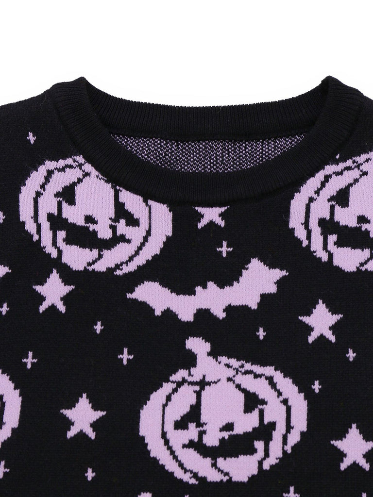 Pull en tricot noir à motif citrouille et chauve-souris d'Halloween des années 1970