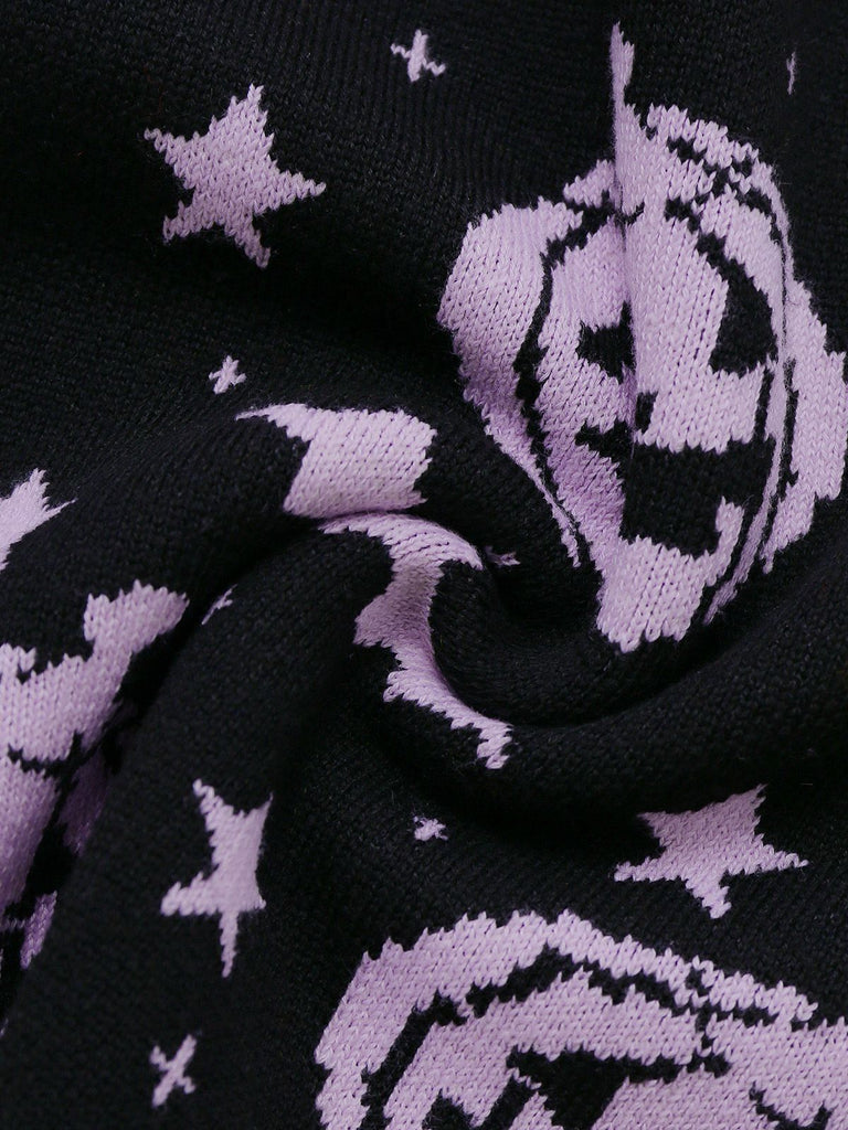 Pull en tricot noir à motif citrouille et chauve-souris d'Halloween des années 1970