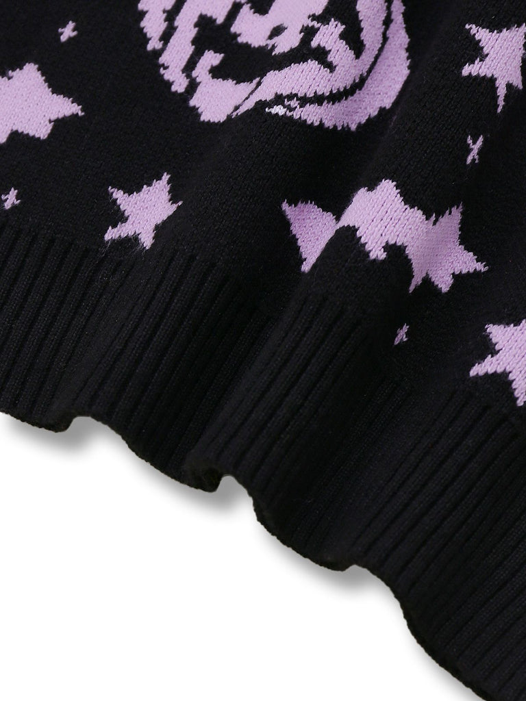 Pull en tricot noir à motif citrouille et chauve-souris d'Halloween des années 1970