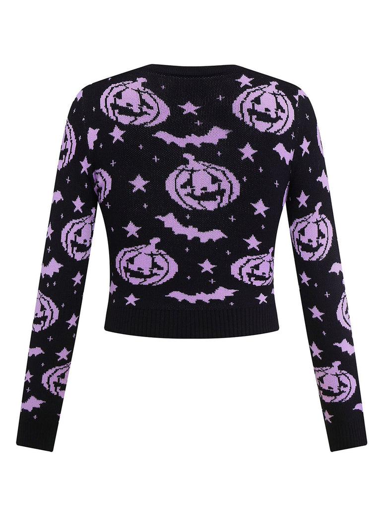 Pull en tricot noir à motif citrouille et chauve-souris d'Halloween des années 1970