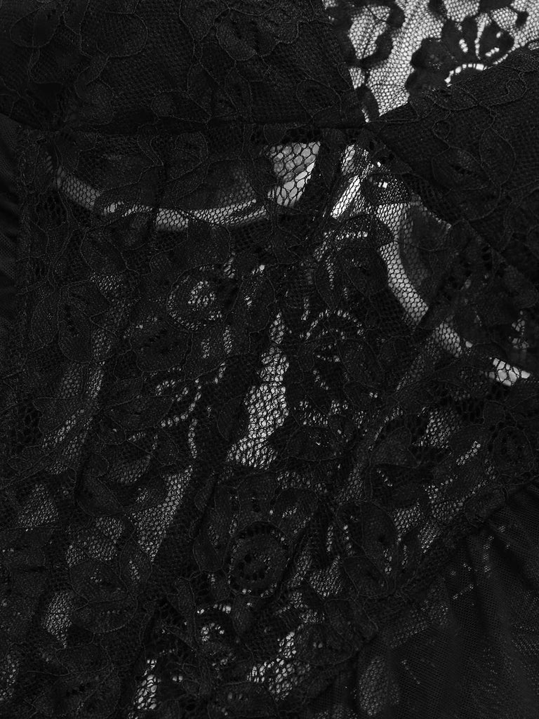 2PCS Haut et jupe transparents en dentelle florale noire des années 1960