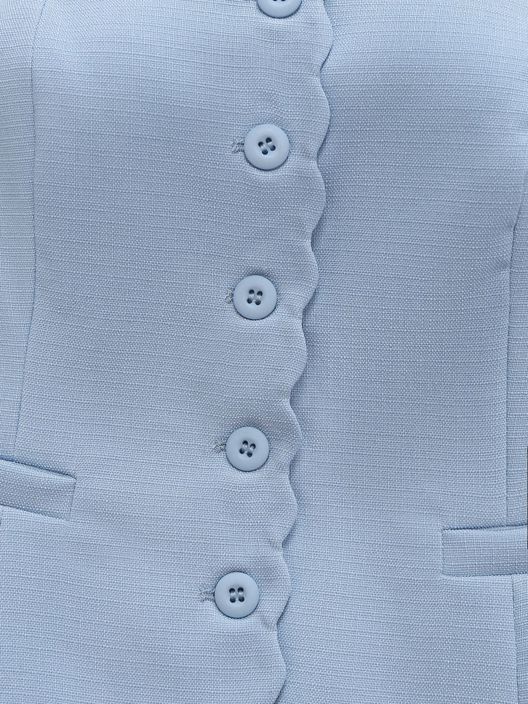 2PCS Haut boutonné à col carré et short bleu uni des années 1960