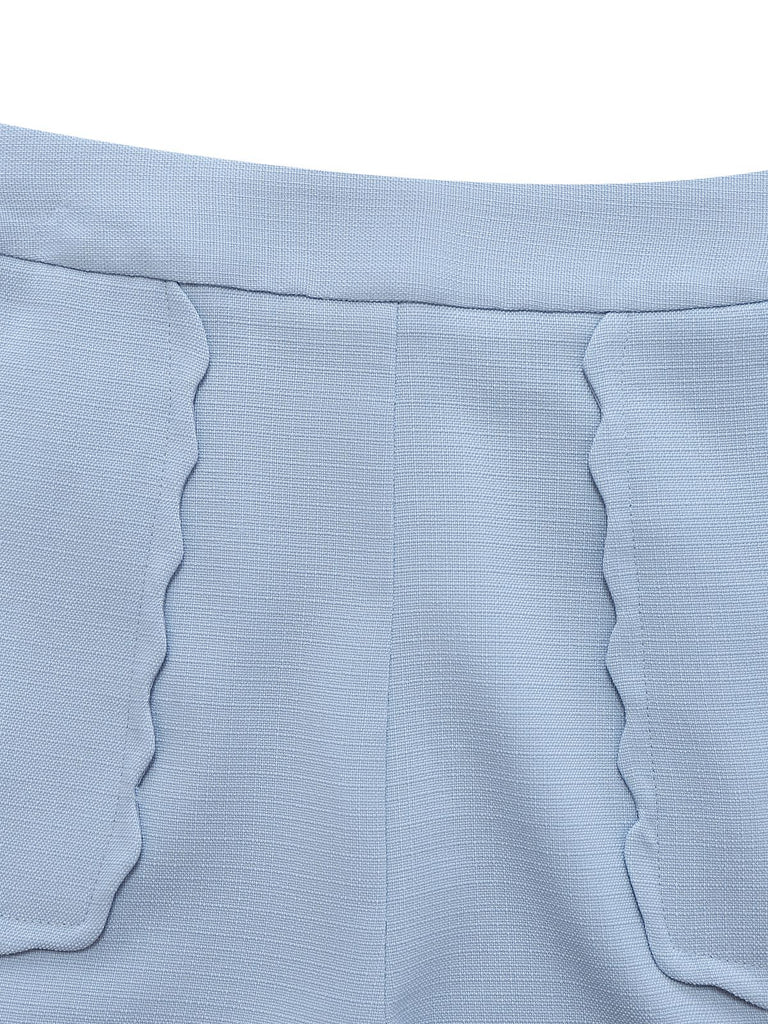 2PCS Haut boutonné à col carré et short bleu uni des années 1960