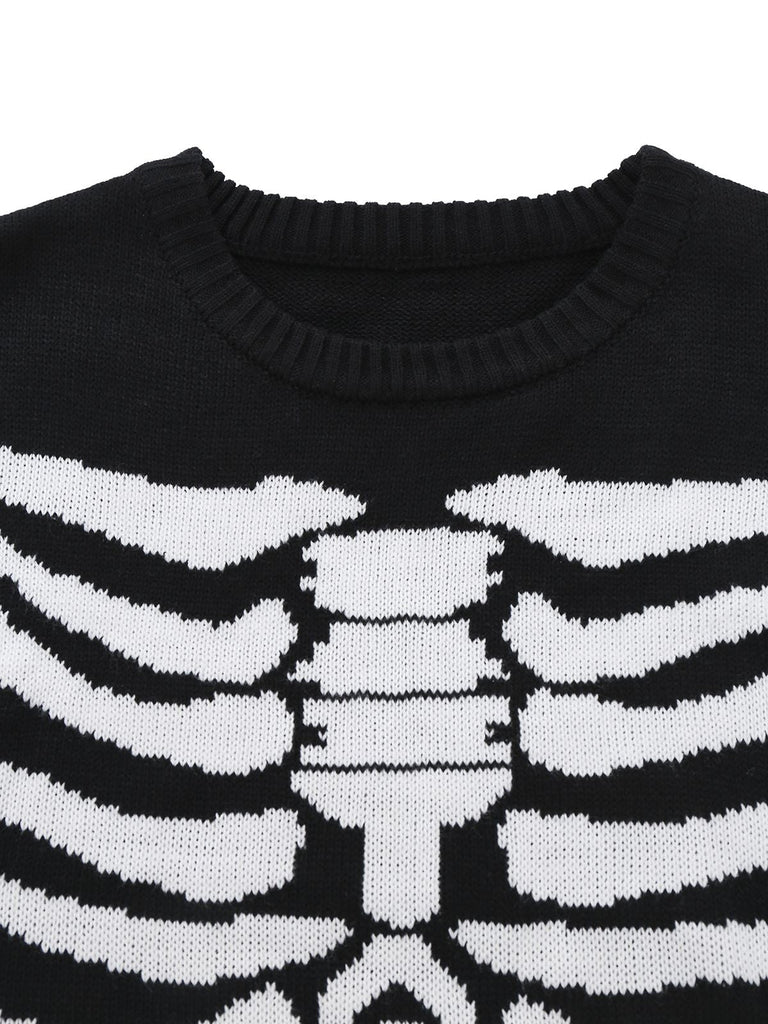 Pull en tricot noire à squelette Halloween années 1950