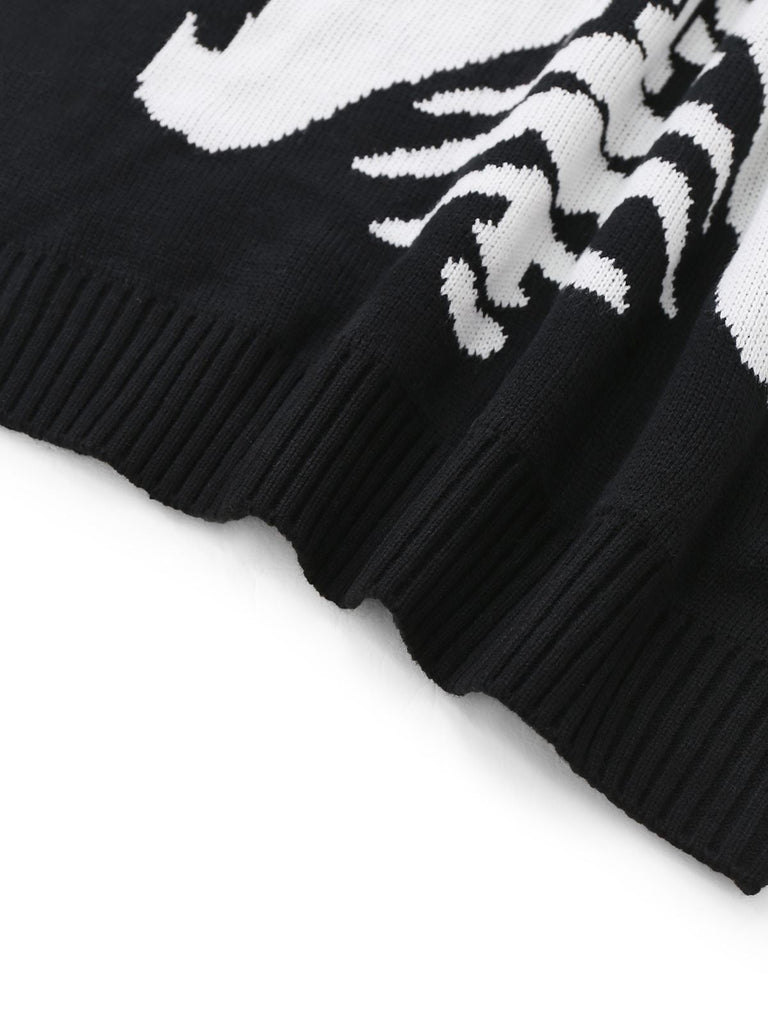 Pull en tricot noire à squelette Halloween années 1950