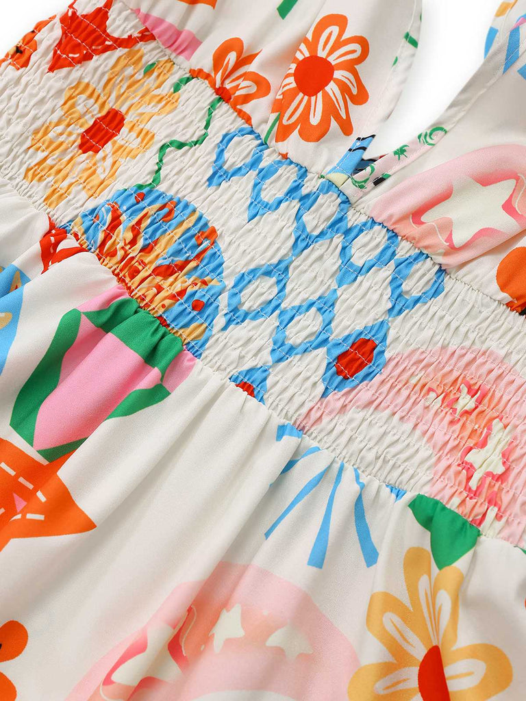 Robe bohème sans manches col en V et smocks des années 1970