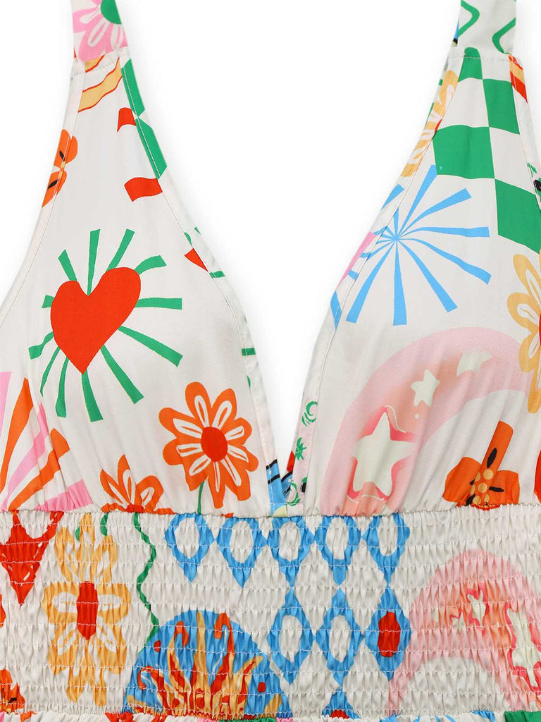 Robe bohème sans manches col en V et smocks des années 1970