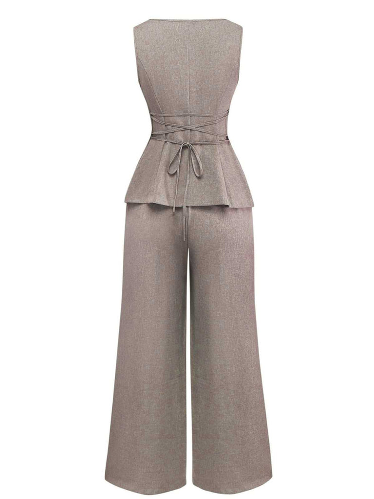 2PCS Gilet et pantalon large style bureau uni des années 1940