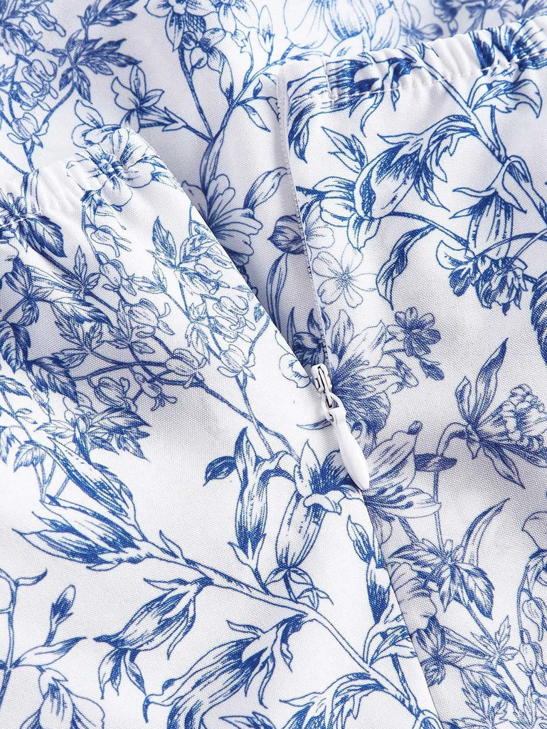 Robe à fleurs en porcelaine à volants et dos nu des années 1970