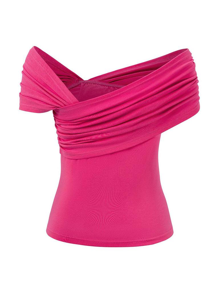 Haut uni à épaules dénudées décoration rose 3D des années 1960